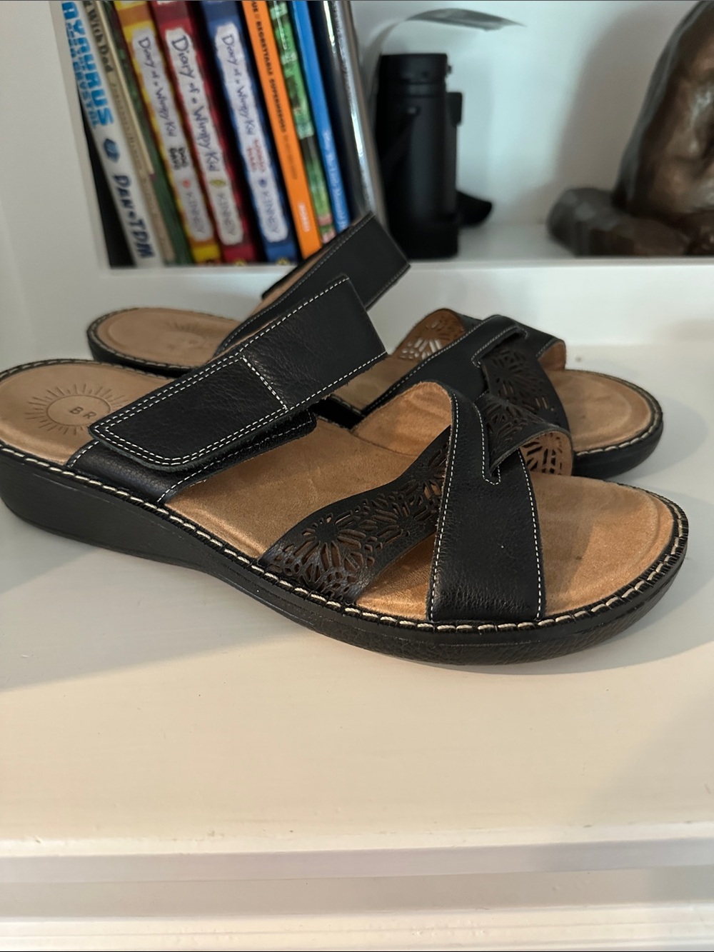 Women's Black Comfort Slide Sandals with Decorative Cutouts